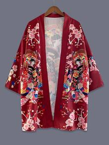 日式羽織和服罩衫，極簡復古卡通女孩印花，春夏中性情侶冷氣衫，浴衣街頭海灘休閒旅行度假罩衫上衣披肩外套，日式披肩，祭典團體派對表演服裝 - 酒紅色 - 查看 2