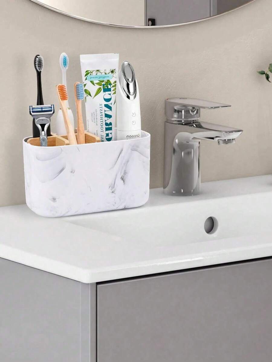 5-Slot Bamboo Toothbrush Holder - Stylish Durable Space-Saving Countertop Organizer, Marble Texture. Suitable For Toothbrushes, Electric Toothbrushes And Toothpaste. Perfect For Bathroom, Washroom, Bedroom, Vanity And Daily Storage.