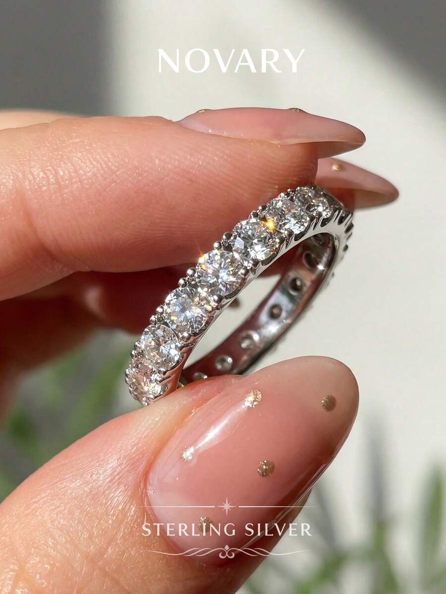 1 Peça Anel Eterno Cintilante Clássico de Mulher em Prata 925, Incrustado com Zircônia Cúbica, Estilo Vintage, Joia Requintada, Adequado como Presente ou Acessório para Dedo - Anel de zircônia de círculo completo - Visão 1