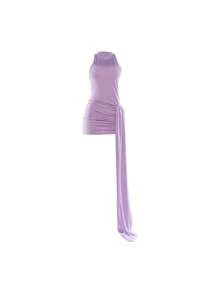 Spring And Summer New Women's Fashion Streamer Round Neck Sleeveless Sexy Backless Waist Wrap Hip Dress - 紫色(已做貨) - 查看 6