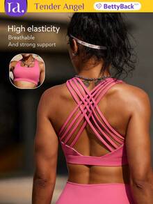 Tender Angel Women's Yoga Sports Bra, Shock-Absorbing, Criss-Cross, Fashion, Running, Yoga, Fitness Vest, Dopamine Fitness Bra, Backless Design, Summer - Hot Pink - View 1