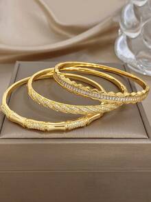 18K Gold Plated Non-Fading Elegant Twisted Bamboo Cubic Zirconia Bracelet Set, Women's Jewelry Set, Summer Boho Beach Jewelry, Vacation Season, Mother's Day Gift, Daily Party Date Night Wedding Anniversary Music Festival Christmas Valentine's Day Easter - Multicolor - View 4