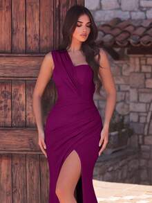 Faeriesty Vestido largo de punto elástico brillante con escote drapeado sin tirantes y silueta ajustada de sirena con abertura alta, adecuado para bodas, galas y ocasiones formales, elegante para primavera - Morado - Ver 4