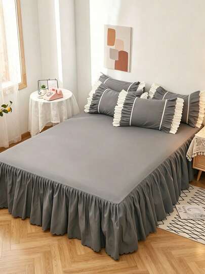 Solid Color Bed Skirt, Dark Grey Ruffle Trim Bed Sheet For Bedroom