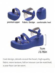 Sandal đế xuồng cao gót màu xanh navy mới mùa hè, quai ngang có họa tiết, đế dày, nhẹ và thoải mái, khóa cài cổ điển có thể điều chỉnh, viền vàng thanh lịch, đa năng cho đi chơi, đi làm, mua sắm, dự tiệc, một món đồ không thể thiếu. - Màu xanh lam - Xem 8