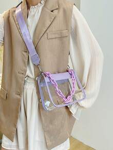 1 Set Bolsa Transparente con Monedero, Bolsa Cuadrada Pequeña Impermeable y Transparente, Bolso Bandolera de PVC con Gran Capacidad para 2025 - Morado - Ver 8