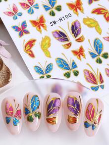 SWEET TREND 3D Metallic Colorful Butterfly Nail Stickers 2pcs Hot Stamping Gold Lines Vibrant Gradient Butterfly Cartoon Animal Design DIY Y2K Holographic Spring Summer Self-Adhesive Gel Polish Salon Manicure Decals Slider Nail Art Decoration - Multicolor - View 7