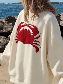 Women's Spring Outfit, Summer Clothing, Women's Vacation Wear, Simple Crab Print Crew Neck Sweatshirt For Summer Beach Casual, Minimalist Style, Suitable For Spring, Summer, Autumn Outdoor Leisure Wear - Apricot - View 4