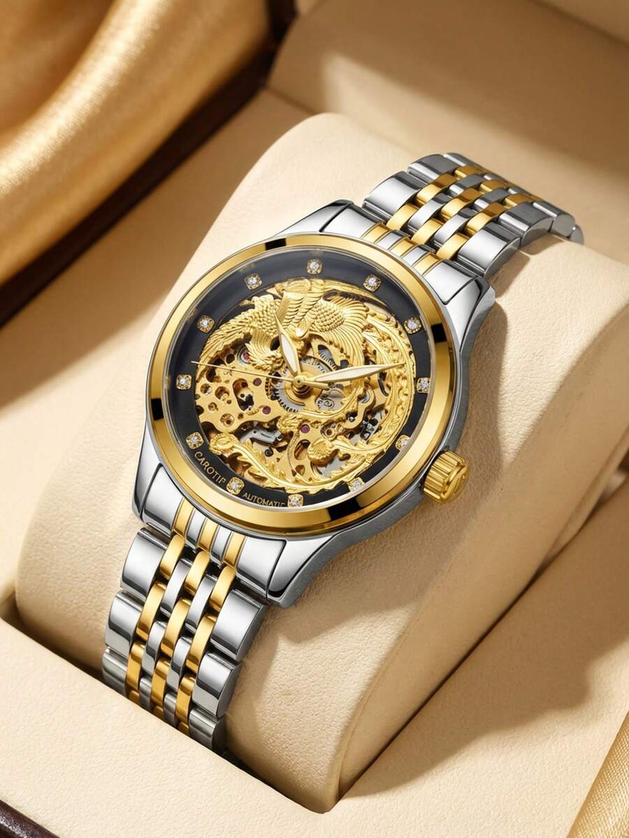 Reloj mecánico automático esqueletizado para mujer con motivo de dragón y fénix, caja bicolor plata y oro, brazalete de acero inoxidable. - Negro - Ver 1