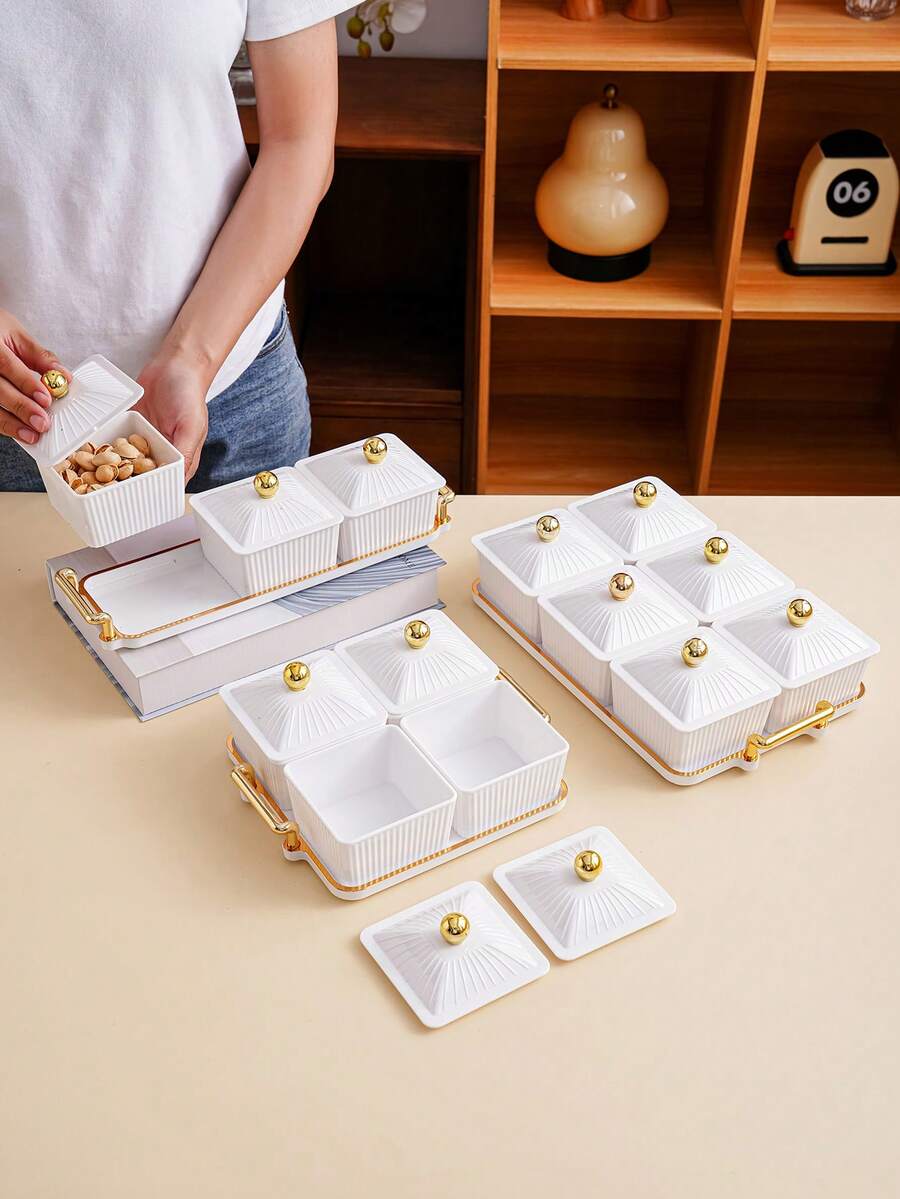 Bộ sản phẩm cao cấp đựng và trưng bày kẹo, trái cây sấy khô, bánh quy, bao gồm đĩa và khay đựng đồ ăn nhẹ. - trắng - Xem 1