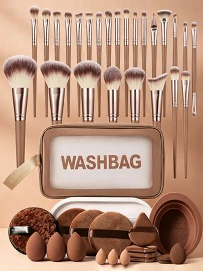 44 Piece Makeup Tool Set Includes: 25 Makeup Brush Sets+1 Multi-Functional Zipper Toiletries And Makeup Bag Waterproof+3 Makeup Sponges+3 Mini Makeup Sponges+3 Circular Powder Puffs+4 Triangular Powder Puffs+3 Mini Air Cushion Powder Puffs+1 Facial Cleaning Sponge+1 Makeup Brush Cleaning Tool