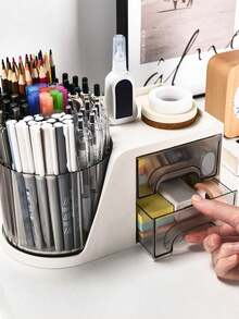 Organizador de mesa giratório com 2 gavetas, porta-canetas, organizador de mesa e suporte de armazenamento com 4 compartimentos + gavetas, para escritório, casa e materiais de arte. - Multicolorido - Ver 5