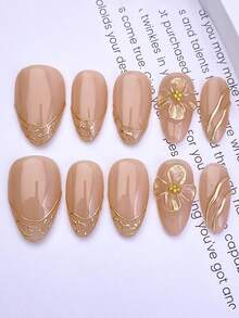 10 pièces d'autocollants d'ongles sculptés avec incrustation de paillettes abricot et feuille d'or, combinant l'élégance orientale et le charme aristocratique, dégageant une allure luxueuse et raffinée, convenant aux dames et aux jeunes filles pour porter lors de vacances, de fêtes et d'occasions quotidiennes tout au long du printemps, de l'été, de l'automne et de l'hiver - Nude - Voir 1
