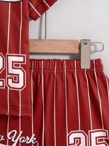 2pcs/Set Boys' Casual Striped Random Print Decor Drop Shoulder Short Sleeve Top And Elastic Waist Shorts, Spring/Summer - Burgundy - View 8