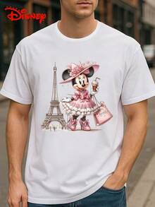 Disney 1件男士宽松可爱米妮卡通印花短袖T恤，圆领，休闲日常穿着，易护理面料，时尚休闲男士T恤 - 白色 - 查看 3