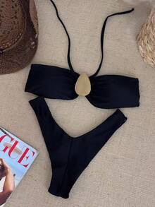 2026 Summer & Spring Women's Black Halter Backless Bikini Set, Sexy High Slit 3-Piece Swimsuit For Beach Vacation - Black - View 1