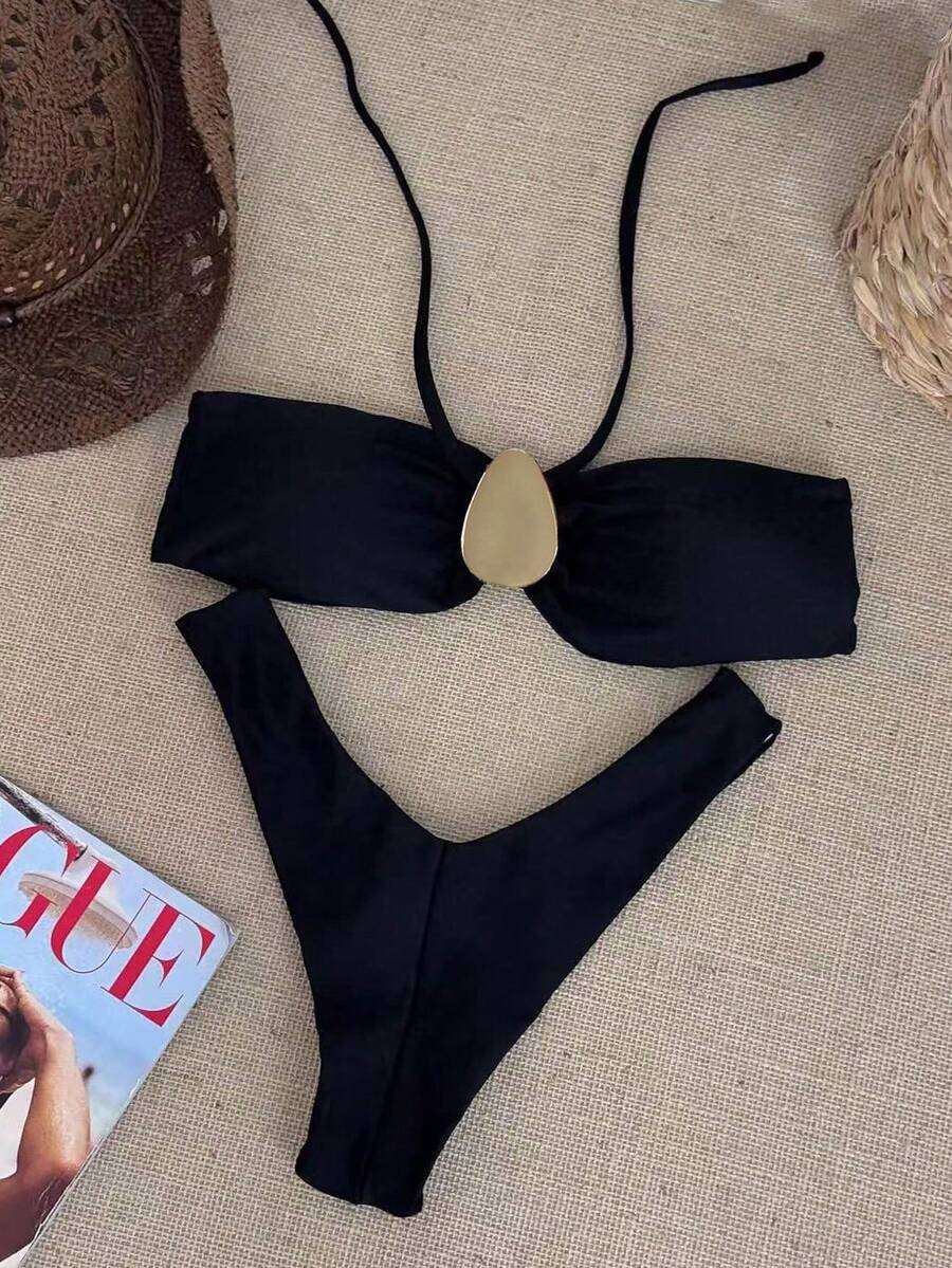 2026 Summer & Spring Women's Black Halter Backless Bikini Set, Sexy High Slit 3-Piece Swimsuit For Beach Vacation - Black - View 1