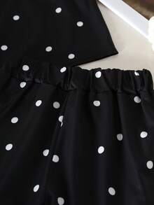 2pcs/Set Cute Retro Polka Dot Contrast Color Cap Sleeve Crop Top And Ruffle Hem Shorts Set For Girls, Suitable For 4-7 Years Old Summer Outfit - Black - View 5