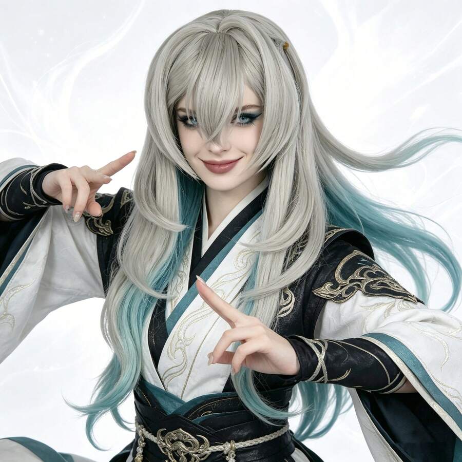 超长直发卷发渐变色合成动漫角色扮演假发,带刘海,女士款 - 银紫色/米蓝色/灰色亚麻蓝/浅蓝紫色混色耐热假发,适合节日、派对、游戏电影角色扮演、动漫展、日常佩戴 - 彩色 - 查看 1