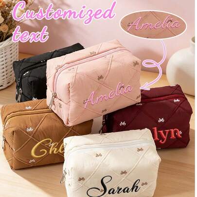 Customized Embroidered Bow Makeup Bag, Pencil Case, Large Capacity High-Quality Niche Storage Bag, Portable Travel, Ideal Gift For Mother, Girlfriend