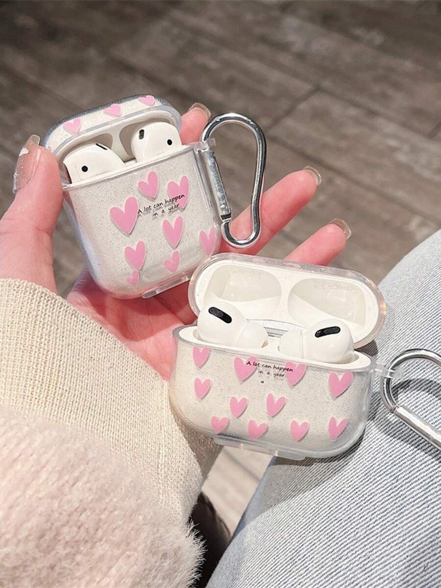 Funda protectora con diseño de letras y corazones con brillo, elementos de corazón rosa para cable de datos, para AirPods 4/Pro 2/3, funda para auriculares Bluetooth para AirPods Pro 3, regalo del Día de la Madre de primavera - Multicolor - Ver 1