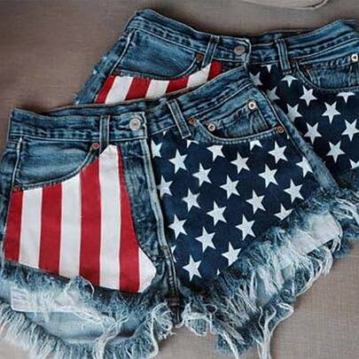 Denim Shorts With American Flag Tassels And Star Print.