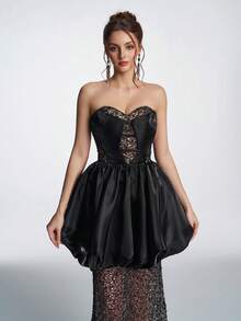 Đầm dạ hội không dây vai thanh lịch thiết kế hoa ren tương phản của Anymoon dành cho nữ - màu đen - Xem 7