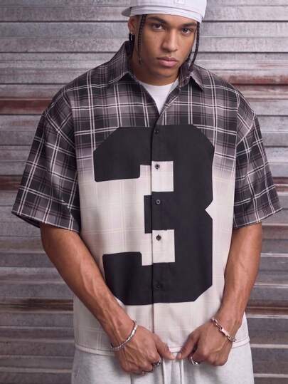  Fractyr Men Front And Back Print Number 3 Gradient Plaid Button Down Shirt, Soft Touch Streetwear Oversized Short Sleeve Cuban Collar Top, Retro Hip Hop Casual Summer Shirt
