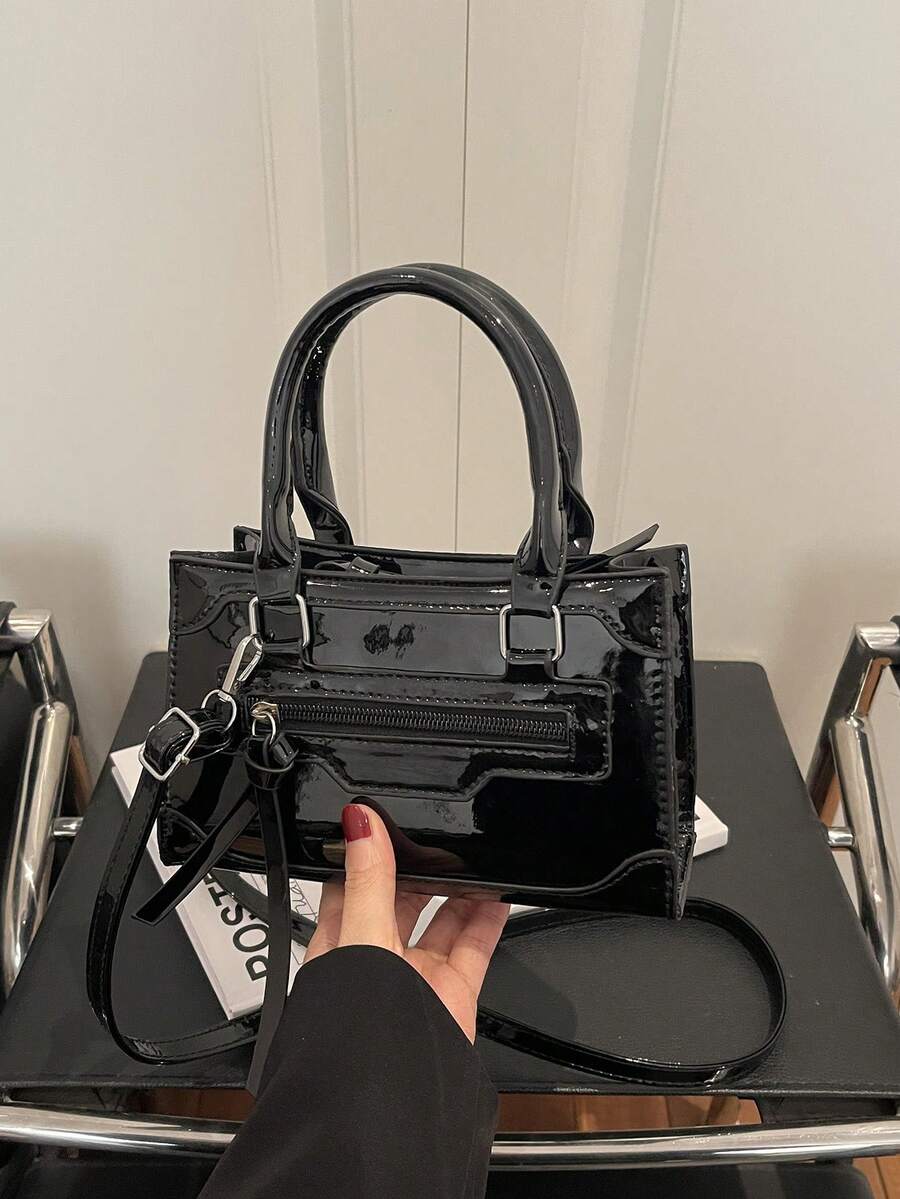 2026 New Solid Color PU Patchwork Zipper Handbag, Minimalist Fashion Outdoor Personalized Small Square Bag, Versatile Shoulder Crossbody Bag With Adjustable Strap
