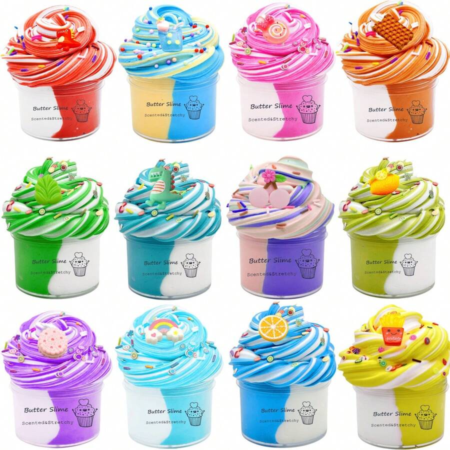 Cute Bubble Tea Butter Slime Set, Suitable For Children, Party Gifts, Elastic Non-Stick Colorful Scented Slime, Stress Relief Toy, Suitable For Boys And Girls, Children's Fidget, Slime Clay, Honey Slime, Purple Slime, Girls Slime, Pink, Children's Skin Care, Elastic Slime (Random Stickers) Slime 50ml Fruit Ice Cream Butter Mud Ramen Mud