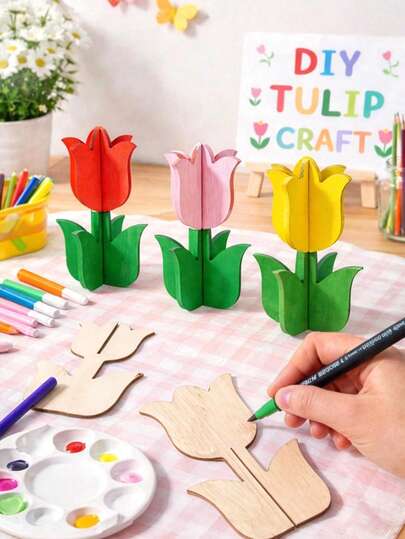 10sets Wooden Tulip Shapes DIY Crafts, Tulip Tabletop Ornament, Baby Shower Decorations, Birthday Decor, 3D Paintable Floral Decorations, Ideal For DIY Crafts, Home Decoration, Spring Party Table Ornament, Craft Supplies, Gender Reveal Party Supplies, Bridal Shower Favors, Baby Shower Party Supplies, Party Favors, Wooden Craft