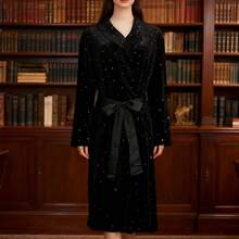 女士中长款金色丝绒睡袍，奢华时尚性感浴袍，家居睡衣，春/秋/冬款 - 黑色 - 查看 2