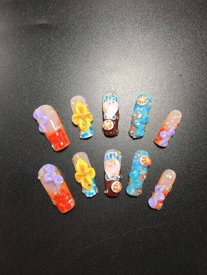Juego de 10 piezas de 3,3 cm de uñas cuadradas hechas a mano, decoradas con flores, naranjas y rhinestones, adecuadas para que las mujeres y las niñas las usen en el Día de San Valentín, fiestas, vacaciones y uso diario. Accesorios para uñas, juego de uñas acrílicas, que incluye juego, arte de uñas a mano, parches de uñas falsas y productos para uñas