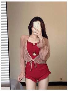 Traje de baño de verano para mujer, estilizador, sexy, discreto, para busto pequeño, con efecto push-up, que disimula el abdomen, traje de baño de una pieza estilizador para baños termales. - Mono acanalado [2212] Rojo - Ver 4