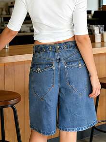 Women's Stylish, Plain-Colored, Loose-Fitting Denim Shorts With A Zip And Button Closure, Knee-Length, Ideal For The Beach And Everyday Wear. - 藍色 - 查看 9