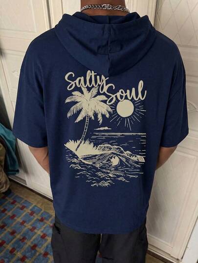 Salty Soul 夏威夷椰子树和岛屿印花连帽T恤，复古度假风，宽松轻薄夏季短袖连帽T恤