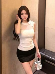 时尚无袖镂空蝴蝶结针织背心，圆领，百搭显瘦，夏季必备 - 白色 - 查看 4