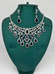 Juego de joyería de 4 piezas con colgante con borla de circonita cúbica con forma de corazón, aretes, pulsera y anillo. Accesorio elegante para fiesta, boda y novia - azul real - Ver 5