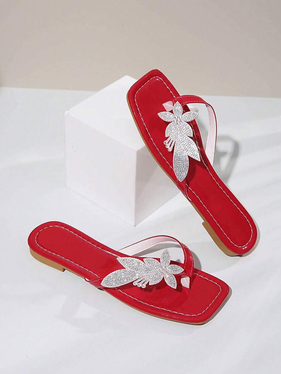 Sandálias rasteiras de bico quadrado com decoração de flores artificiais, tamanho grande, modelo 2025, ideais para uso diário no verão. - Vermelho - Ver 1