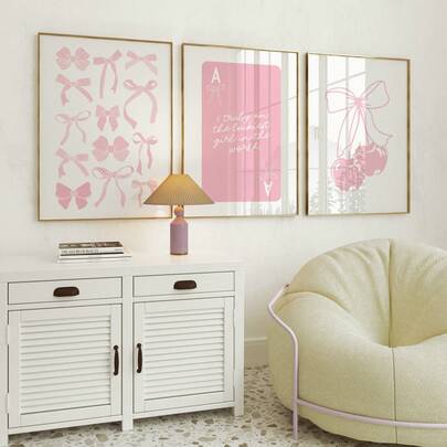 3 tranh vẽ màu nước hình nơ hồng, tranh in trên vải canvas phong cách nữ tính, tranh trang trí phòng ngủ, phòng khách, văn phòng, căn hộ sinh viên, phòng ngủ kiểu cách (không khung).