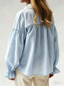 Women's Fashionable Plaid Regular Blouse With Collar And Button Front, Long Sleeve With Ruffle Hem Spring - Baby Blue - View 3