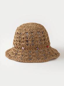 1顶女士时尚镂空心形水晶手工编织草帽，适合夏季波西米亚风海滩旅行装扮 - A - 查看 4