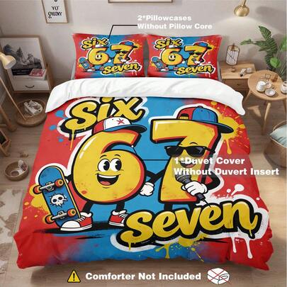 3件套涂鸦风格数码印花被套套装，包含1个被套和2个枕套，不含填充物，柔软舒适，涤纶材质，适合室内装饰、家居用品，四季皆宜，是送给男孩、女孩、青少年的绝佳礼物。