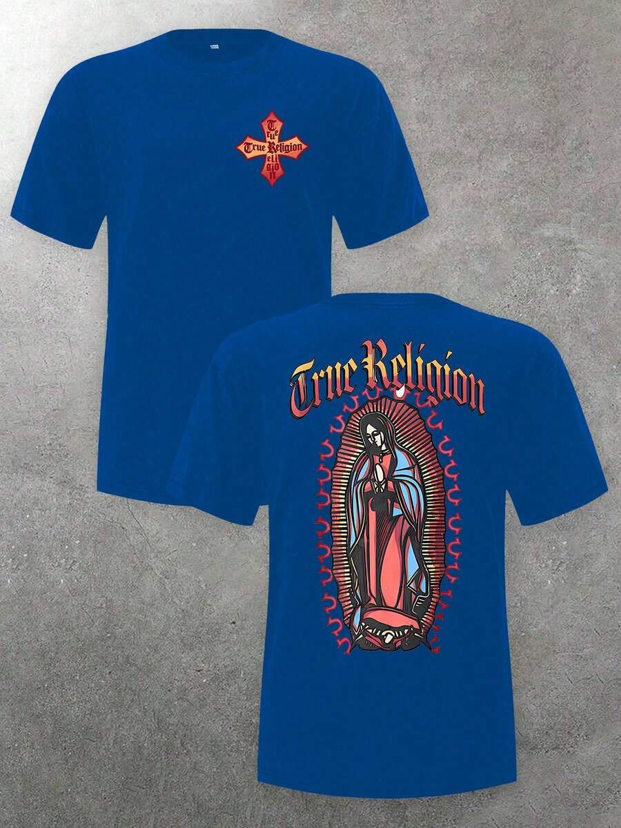 (230g 100% Cotton T-Shirt) Classic True Religions Virgin Mary Graphic Men's 230g Combed Cotton T-Shirt, Street Short-Sleeve Top, American Chicano Tattoo Style Apparel, Spring Summer Crew Neck Top, Suitable For Summer Daily Casual Wear - Royal Blue - View 1