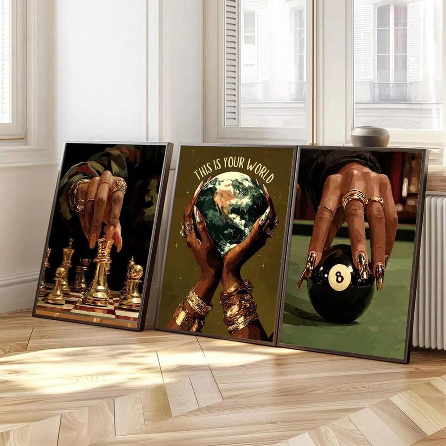 1/3pcs Set Unframed African Woman Playing Chess 8 Balls Fashion Canvas Poster Luxury Afrocentric Wall Art Print Aesthetic Decor Painting For Dorm,Living Room,Bedroom,Modern Home Decoration - A - View 1