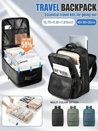 40*30*20cm Mochila de viaje con compresión al vacío, con bomba portátil, bolsa de viaje al vacío sellada de 35L, con sistema de vacío, bolsas de compresión transparentes, cubos de embalaje, múltiples bolsillos, tamaño aprobado por aerolíneas, mochila práctica para estudiantes y viajes al aire libre, disponible en varios colores