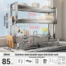 Organizador de fregadero de cocina de acero inoxidable de doble nivel, rejilla multifuncional para secar platos, almacenamiento de tazones y platos - Acero inoxidable - Ver 9