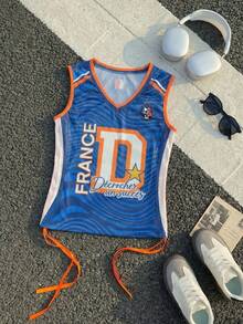 Áo tank top nữ kiểu dáng casual, chất liệu lưới jersey Pháp, cổ chữ V, dây rút, họa tiết chấm bi, ôm sát, thích hợp cho phong cách đường phố, mùa hè, xuân, trang phục mùa hè cho nữ, World Cup. - Màu xanh lam - Xem 9