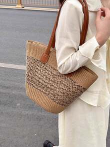 Chic Handmade Woven Straw Single Tote Bag, Casual Hollow Out Weave Fabric Top Handle Handbag, Large Capacity Solid Khaki Beach Vacation Bucket Tote Bag, Great For Summer Beach Trip, Island Vacation, Shopping, Daily Strolling, Outdoor Outing - Khaki - View 4