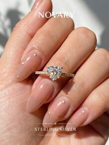 1 pieza Anillo con forma de corazón brillante de circonita, de plata de ley 925, anillo de compromiso, anillo de boda, anillo de aniversario, adecuado como regalo - anillo de amor - Ver 2